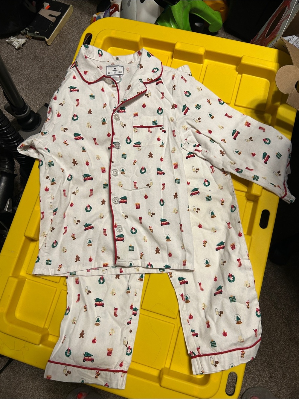 Petit Lem Cream Holiday Print Kids Pajama Set with Red Piping